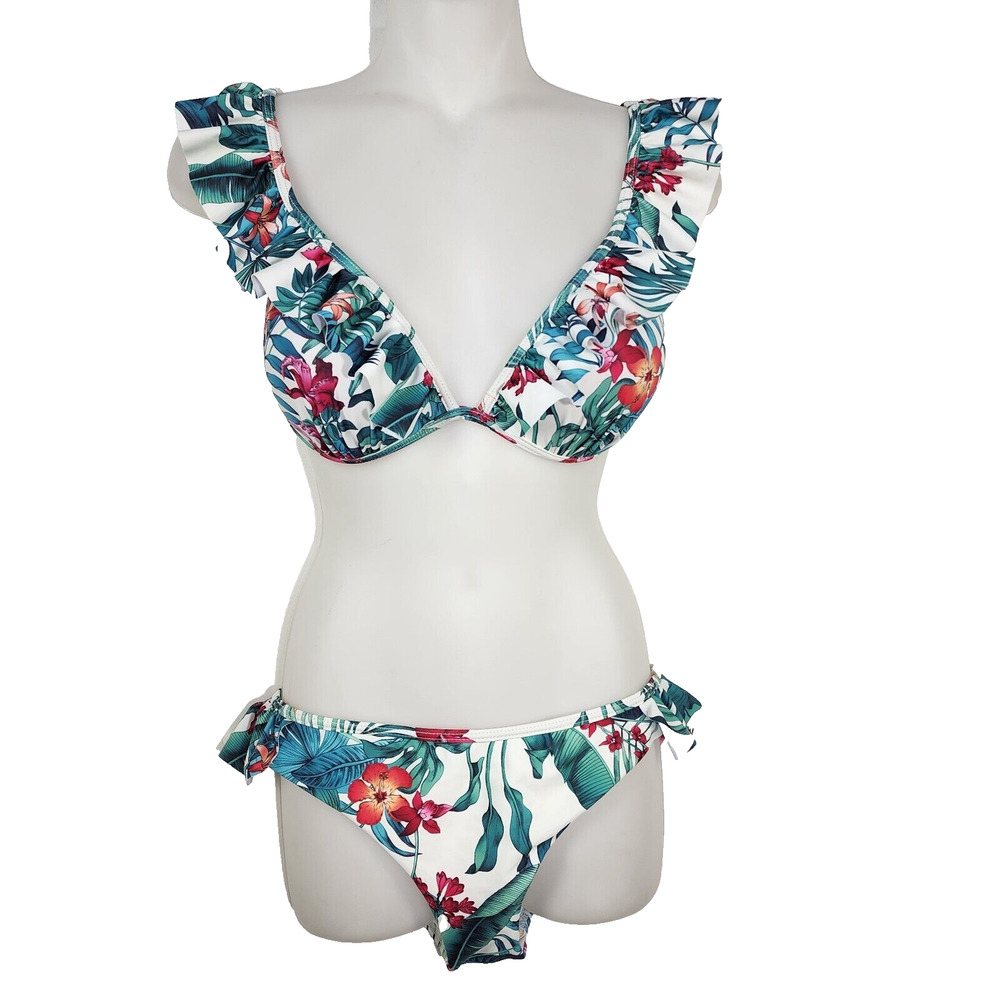 Womens 2-Piece Bikini Swimsuit Medium White Green Floral Tropical Ruffle Padded